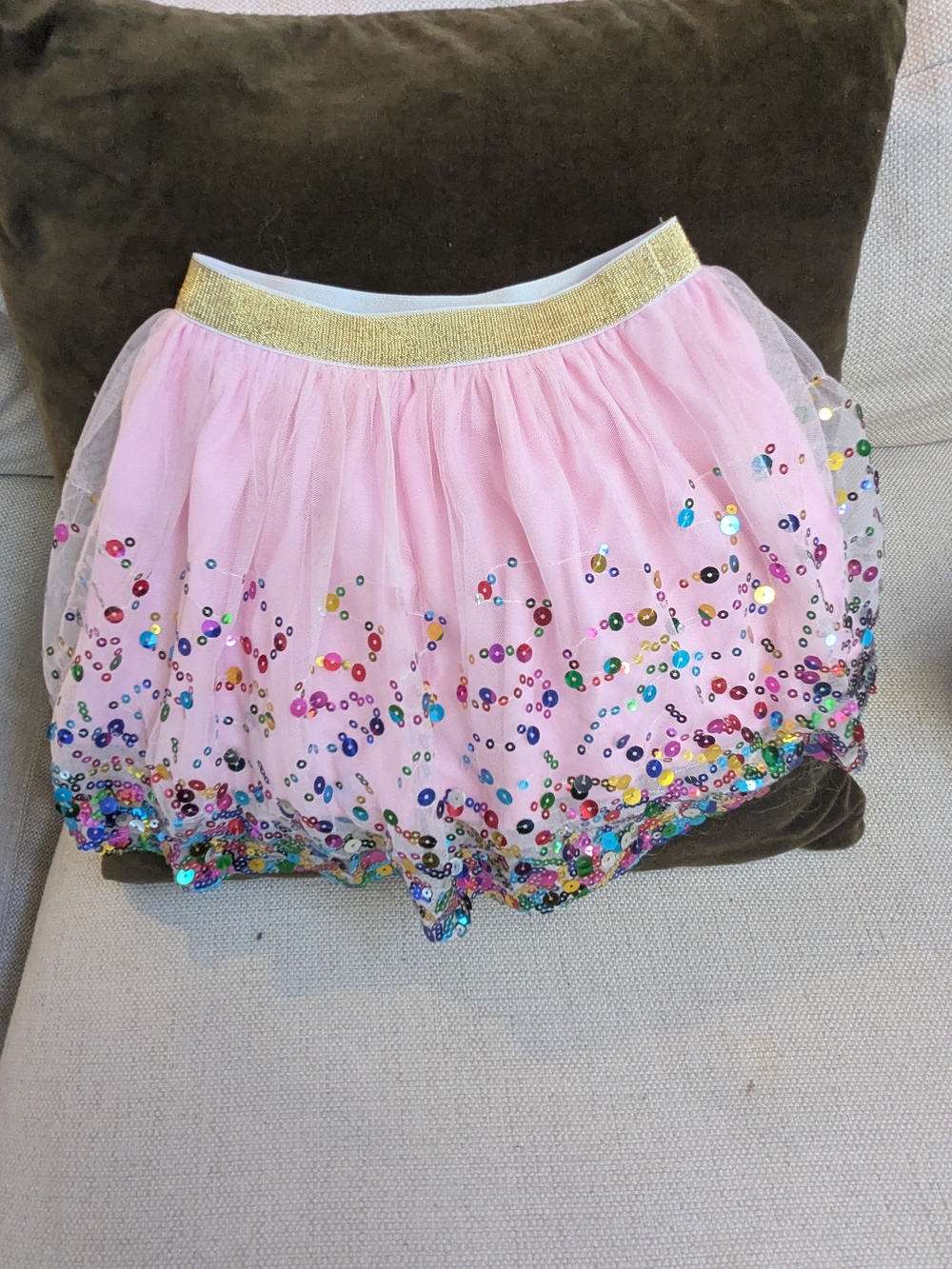 Girls Pink Sequin Tulle Skirt with Gold Elastic Waistband